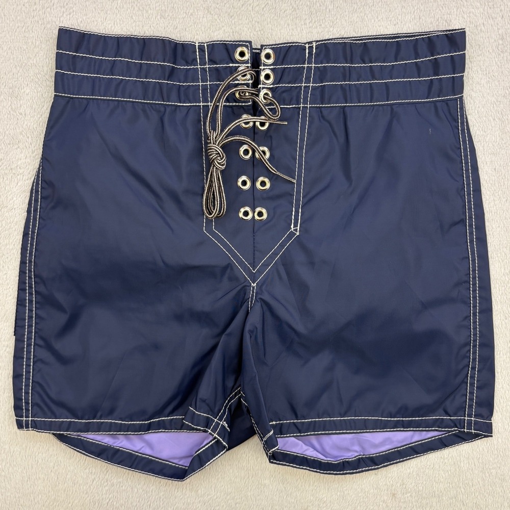 Birdwell Beach Britches Board Shorts Mens 28 Navy Blue Lace Up Front Vintage 70s